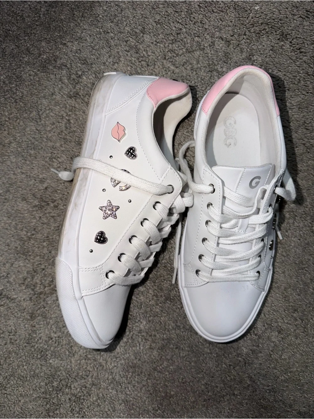Guess White Sneakers with Pink Heel and Metallic Stud Accents